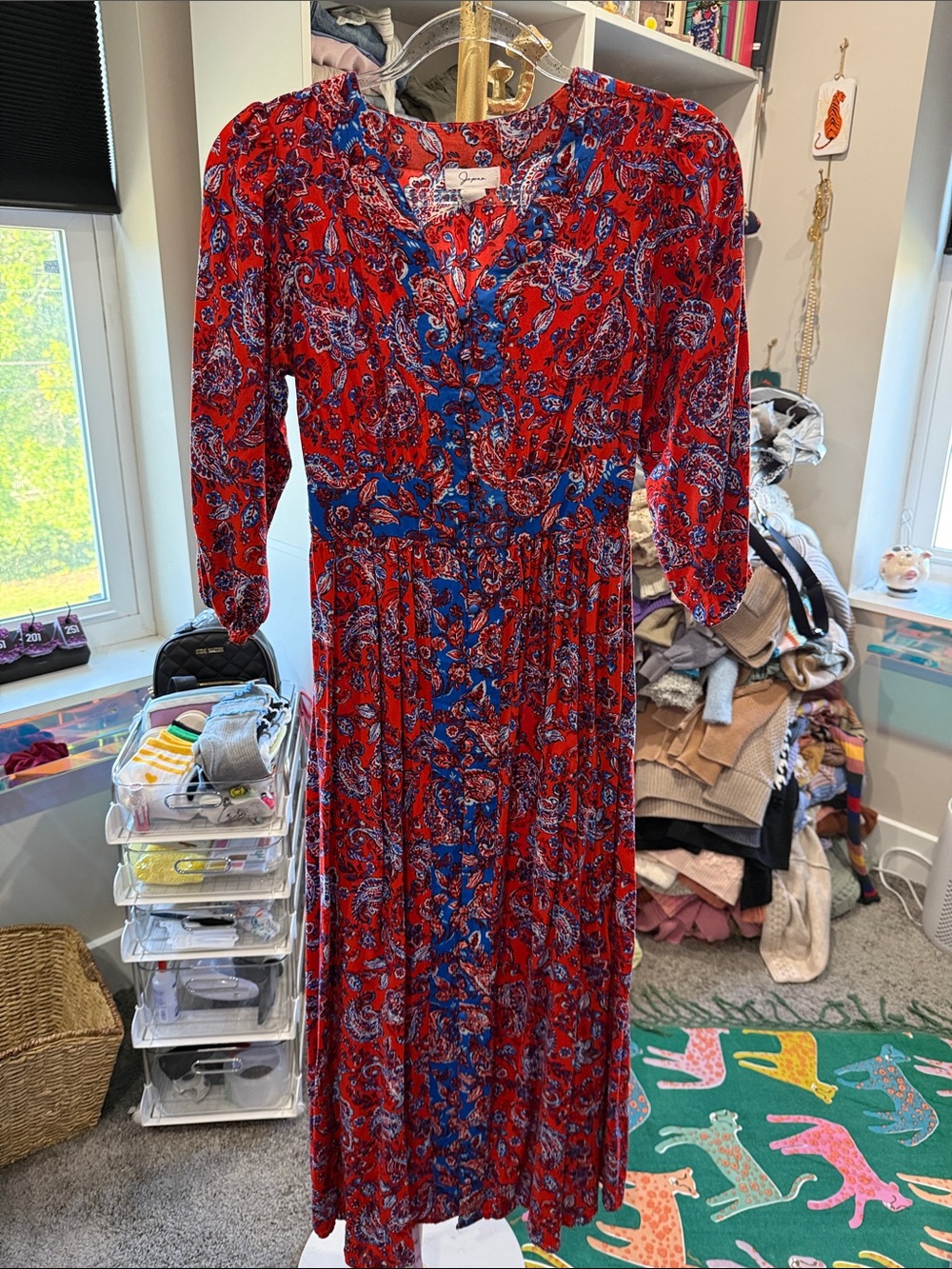 Japna V-Neck Red Paisley Dress small  buttons red blue boho - Picture 5 of 5